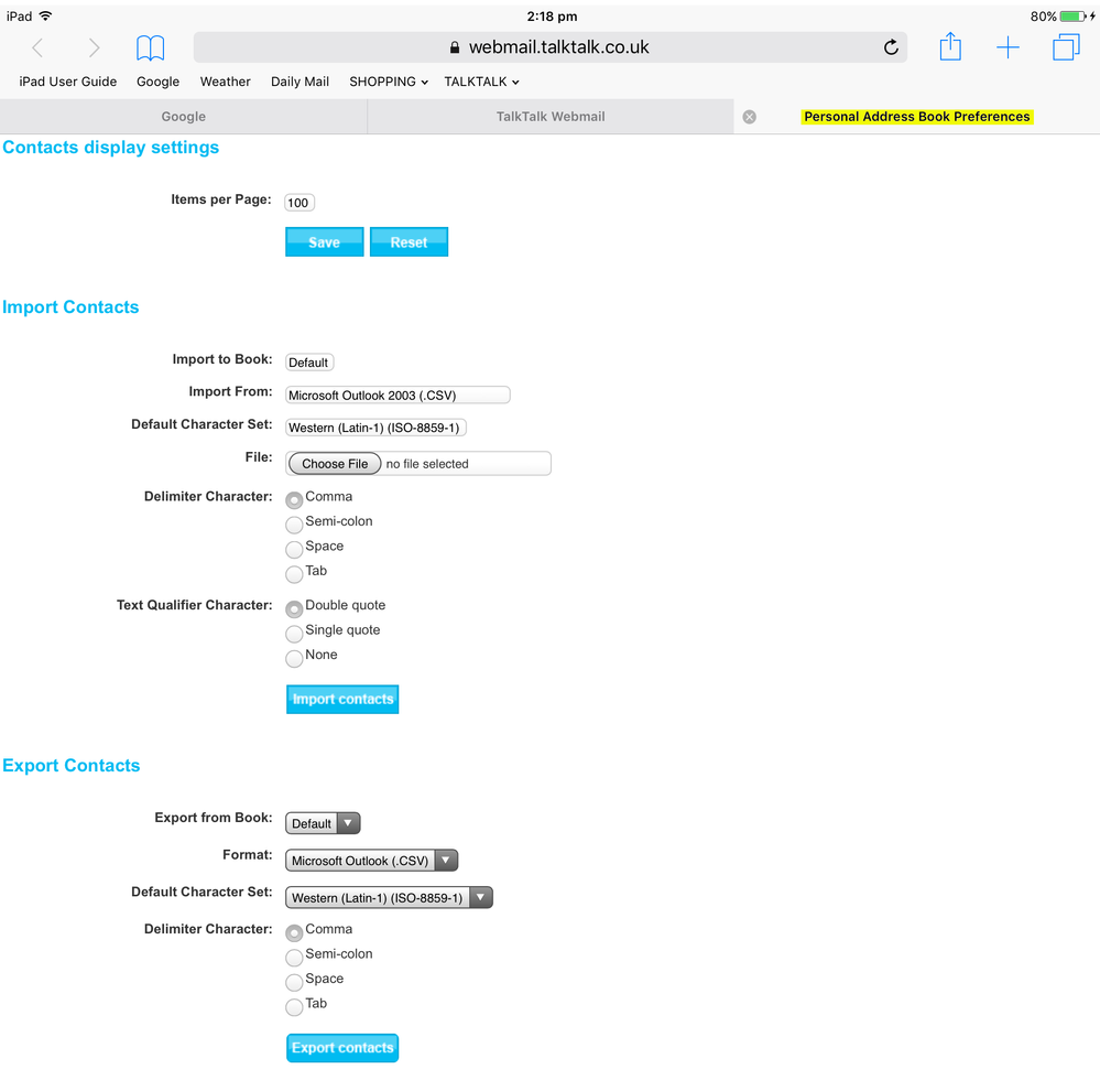 TalkTalk Webmail Personal Address Book Preferences iPad.png