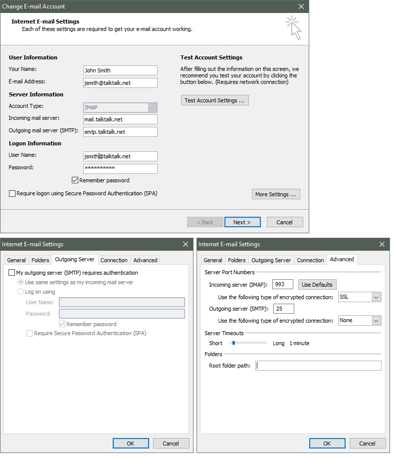 Can't send emails via imap outlook 2007 error co... TalkTalk Help