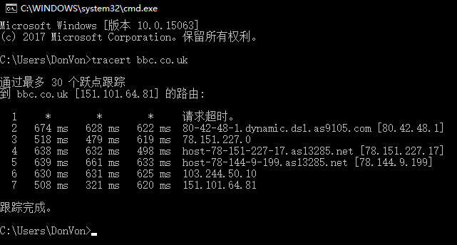 this is the traceroute result i get just now if you cannot unsderstand pingplotter. This is nothing near 'no faulty'. Because every thing is wrong.