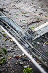 Telephone pole damaged by bad weather.