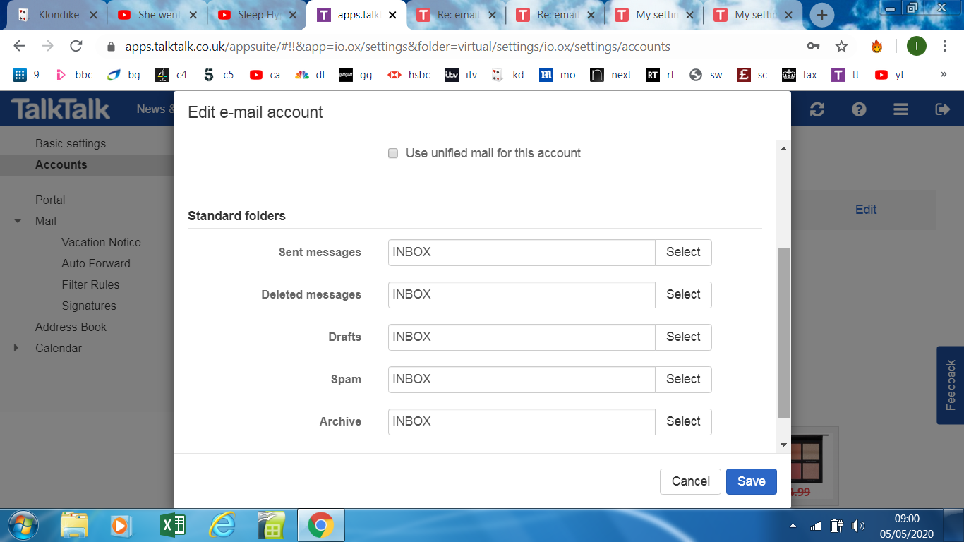 sent, trash draft and spam folders missing TalkTalk Help & Support