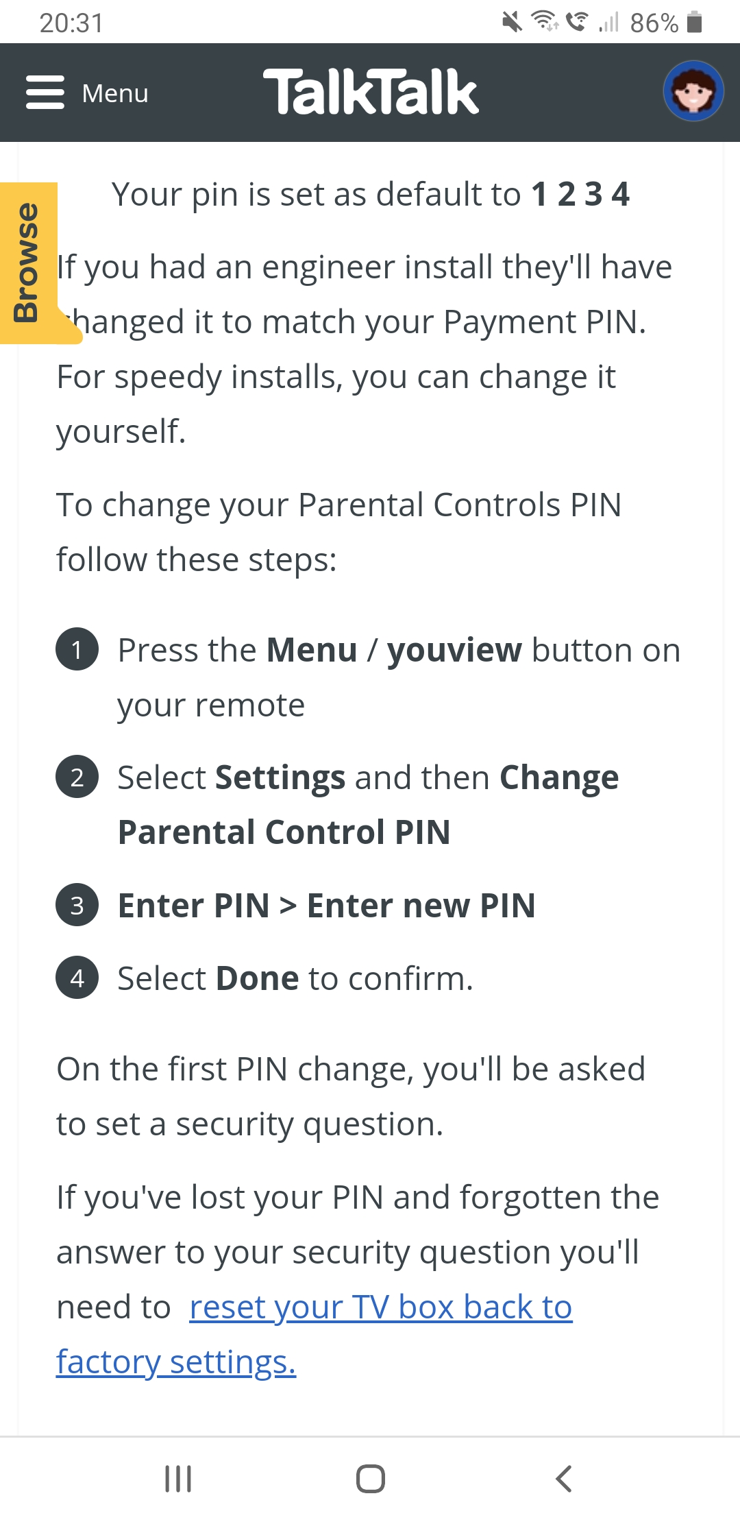 Confirming your Parental Controls PIN