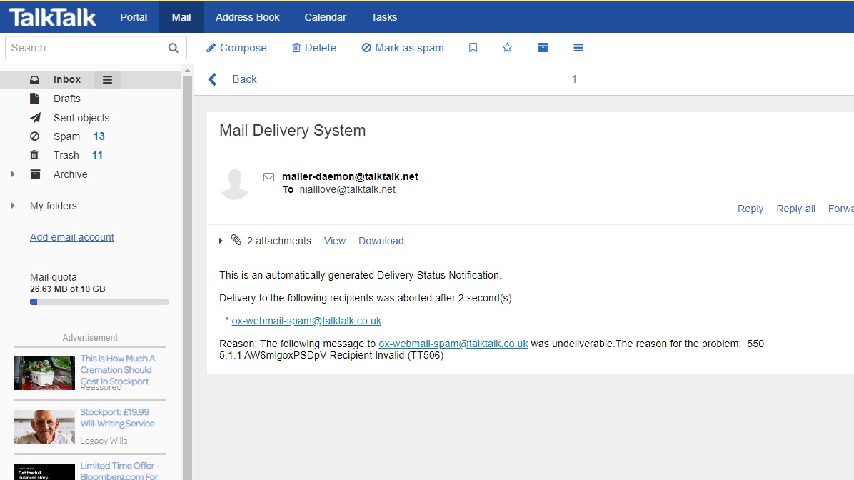 Mail Delivery Notice Failure - TalkTalk Help & Support