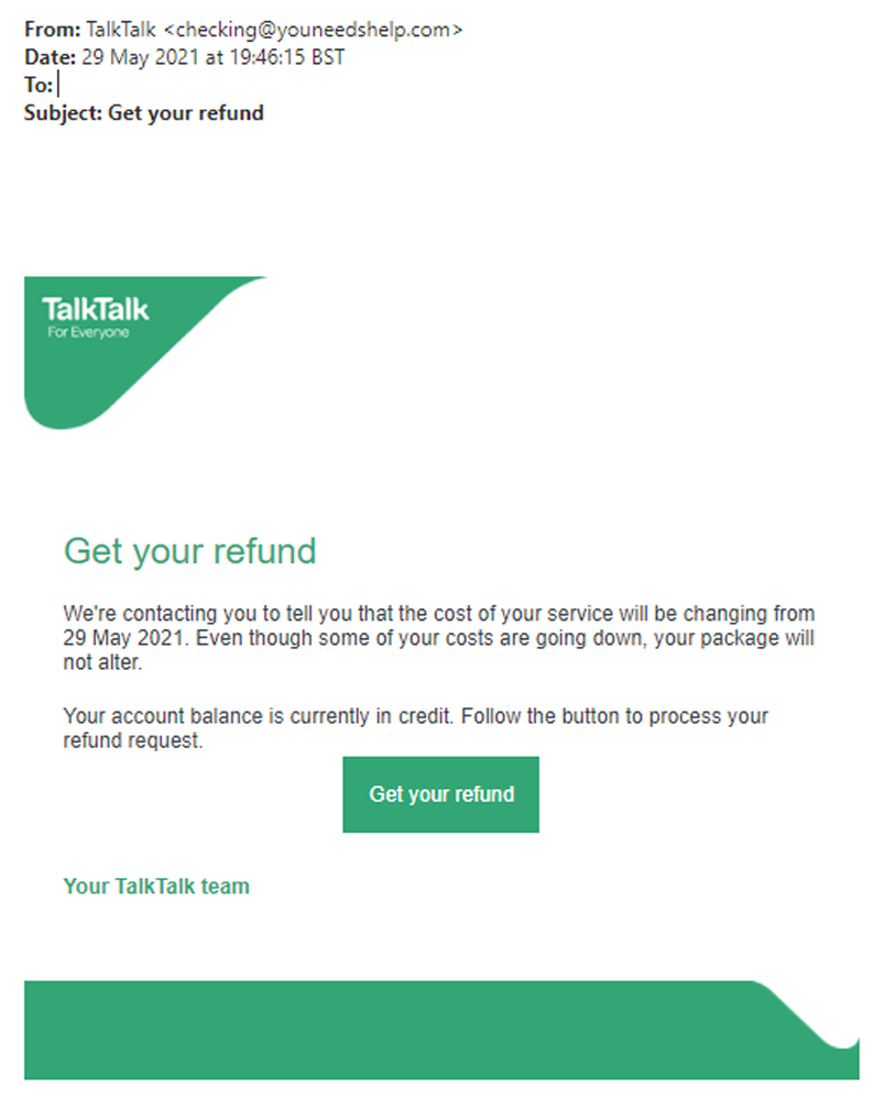 Example of phishing email with Get your refund in subject