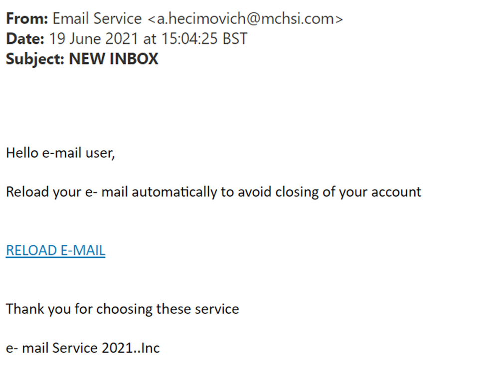 example of phishing email with NEW INBOX  in subject line