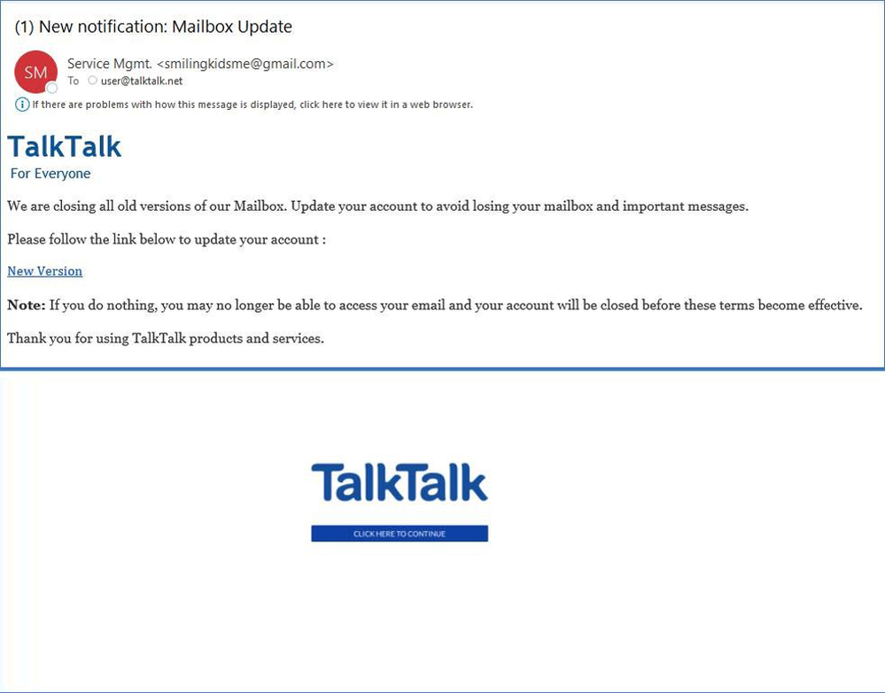 Example of phishing email with user@talktalk.net in subject