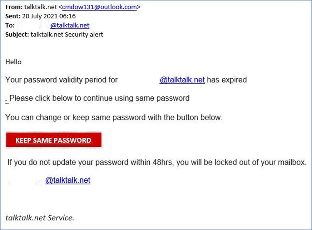 Example of phishing email with talktalk.net  Security alertn subject