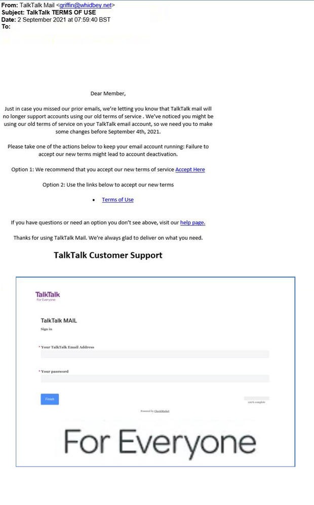 example of phishing email with TalkTalk TERMS OF USE in inbox