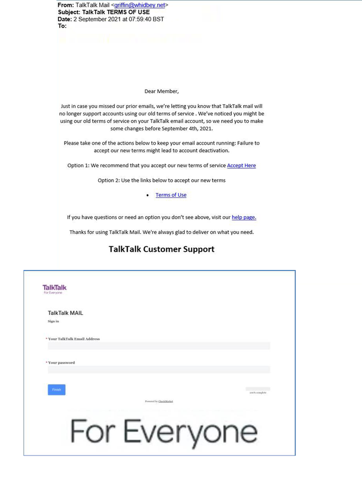 example of phishing email with TalkTalk TERMS OF USE in inbox