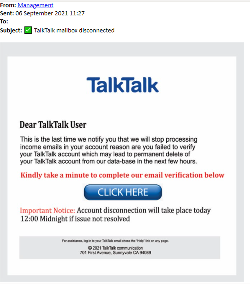 example of phishing email with TalkTalk mailbox disconnected in subject
