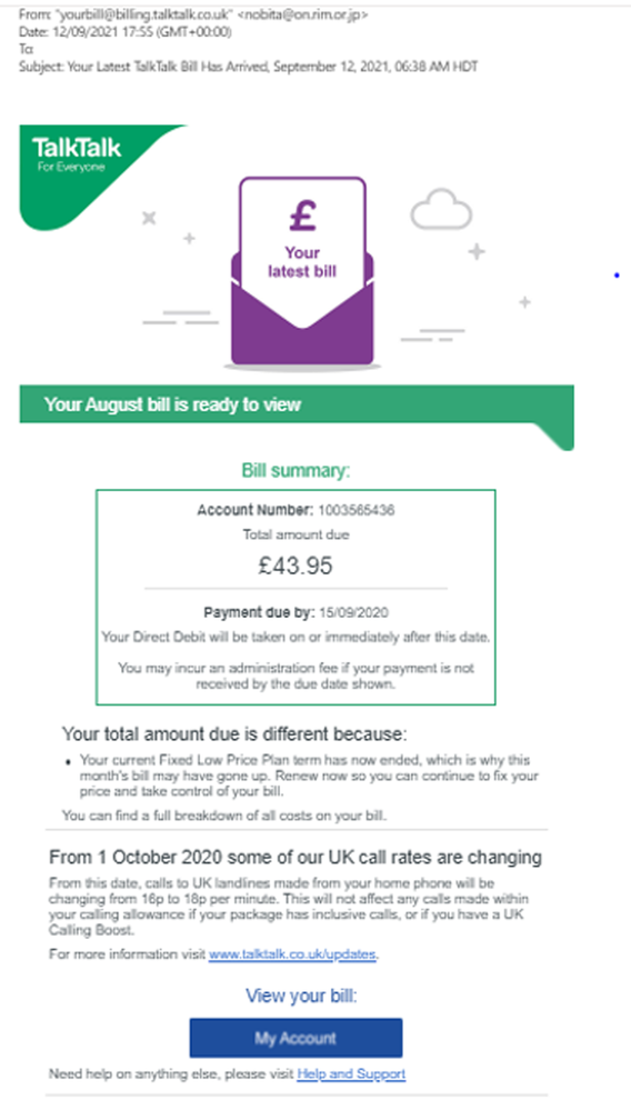 example-of-phishing-email-with-Your Latest TalkTalk Bill Has Arrived September 12 2021 06:38 AM HDT-in-subject