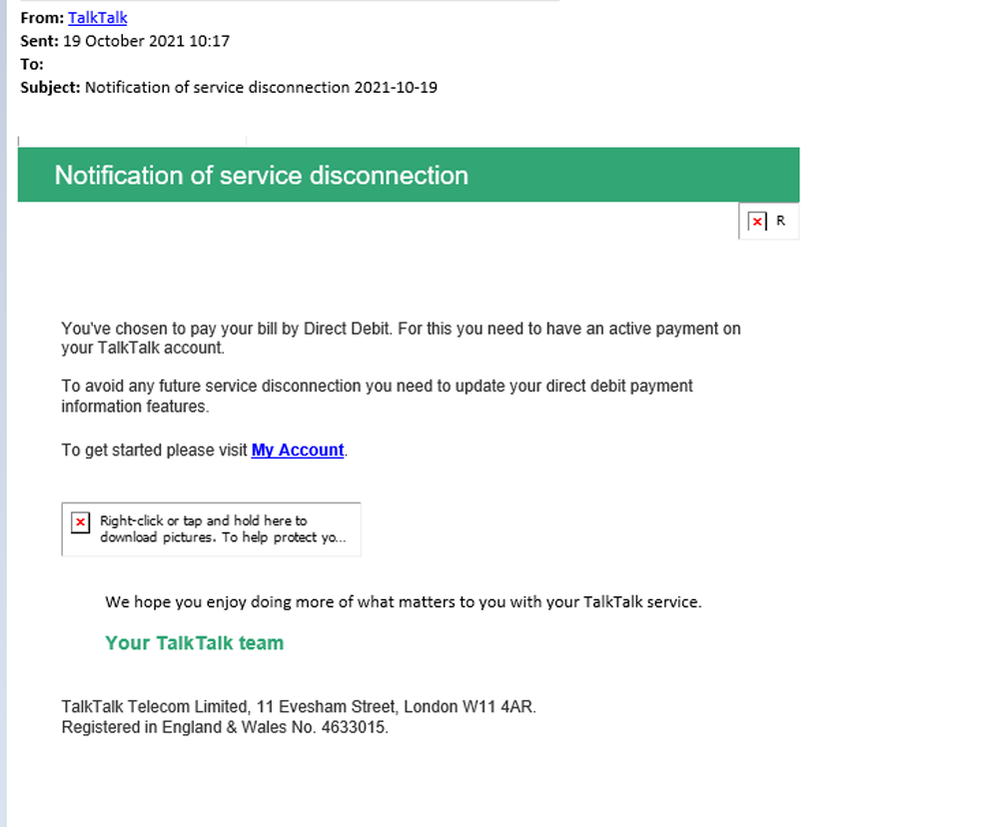 example-of-phishing-email-with-Notification of service disconnection 2021-10-19 in-subject