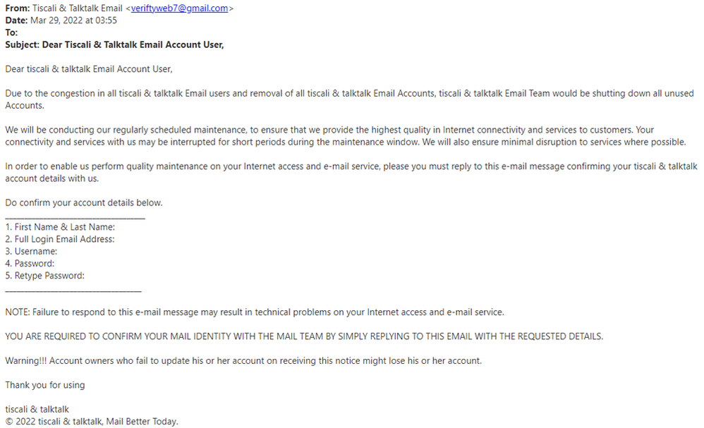 example-of-phishing-email-with-Dear-Tiscali-&-TalkTalk-Email-Account-User,in-subject