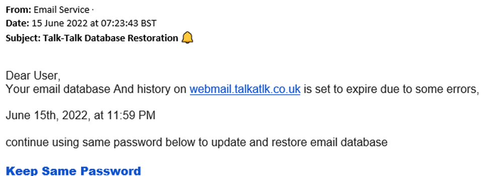 example-of-phishing-email-with-TalkTalk-Database-Restoration-in-subject