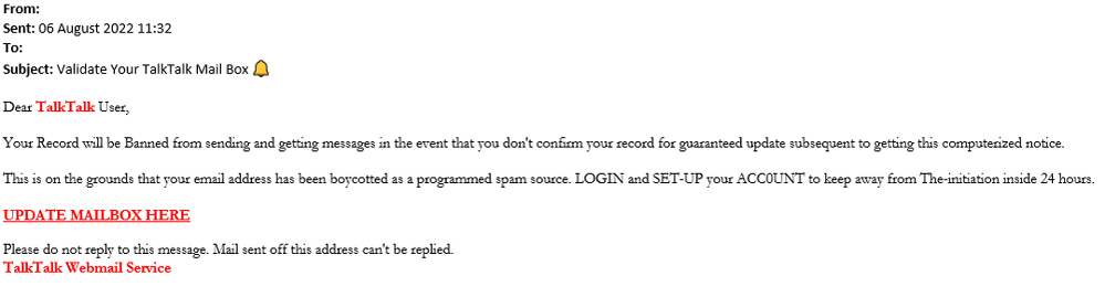 example-of-phishing-email-with-Validate-Your-TalkTalk-Mail-Box-in-subject