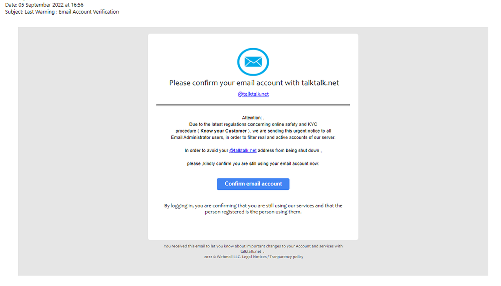example-of-phishing-email-with-Last-Warning :-Email-Account-Verification-in-subject