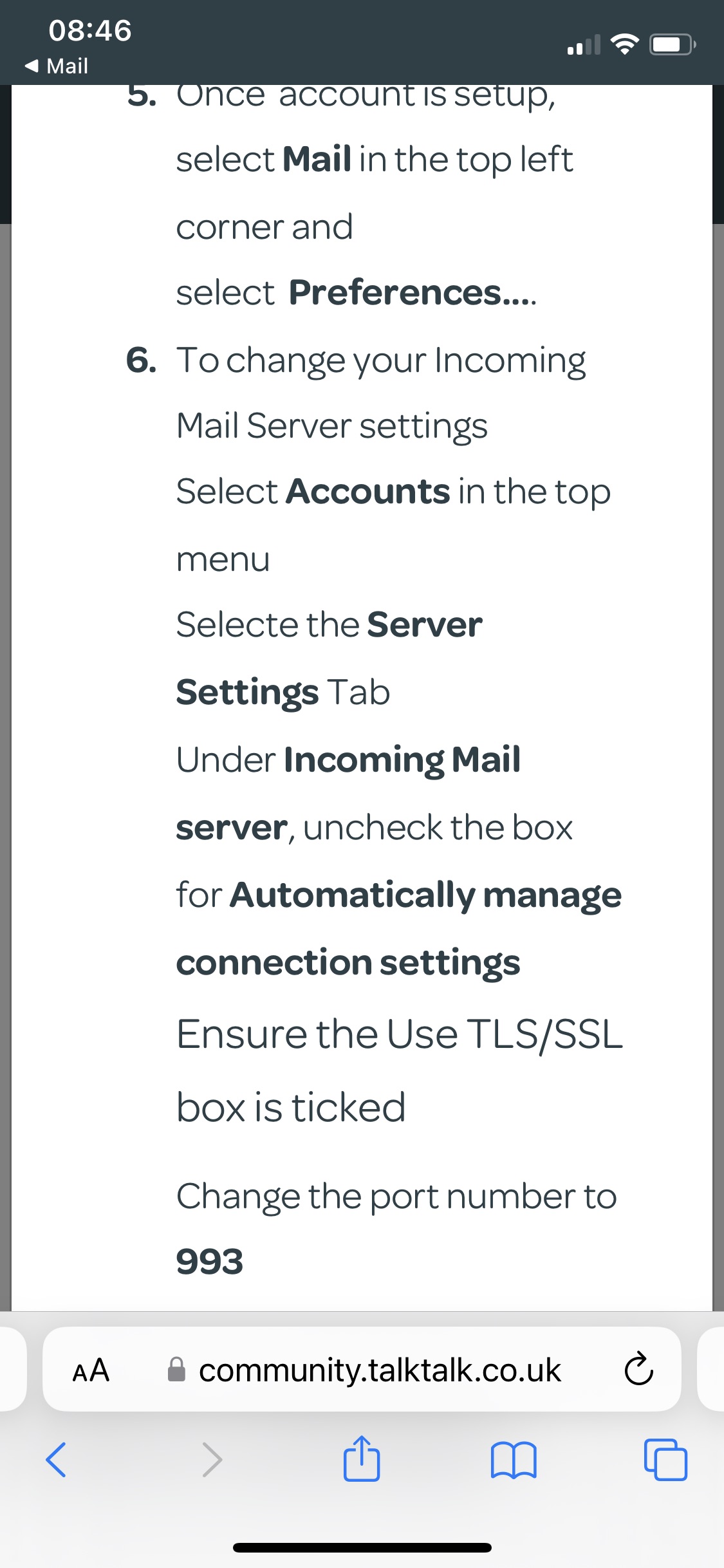 Solved New Email Settings for Tiscali TalkTalk Help & Support