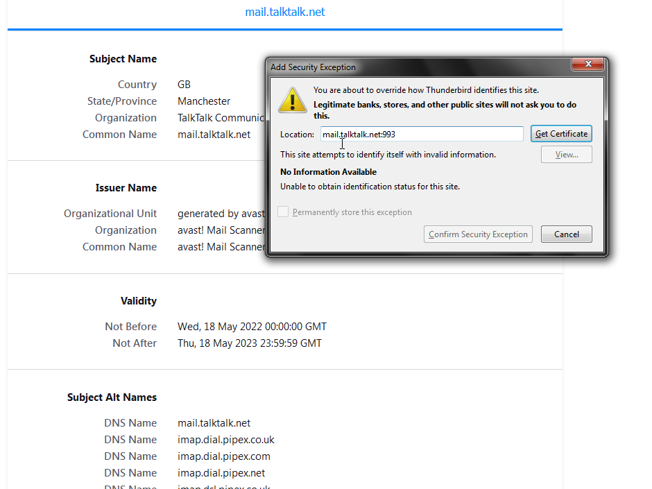 TB TalkTalk  Mail Server  Cert
