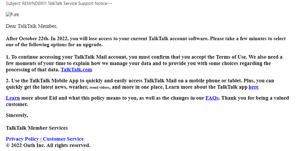 example-of-phishing-email-with-REMINDER!!!-TalkTalk-Service-Support-Notice----in-subject