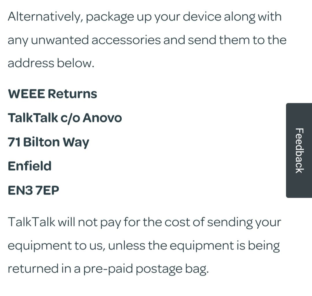 Asked to return router but no returns bag received TalkTalk Help & Support