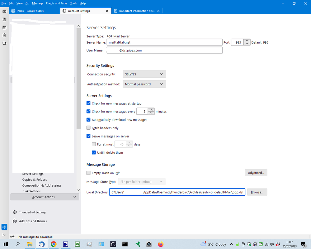 TBird  I/C server settings