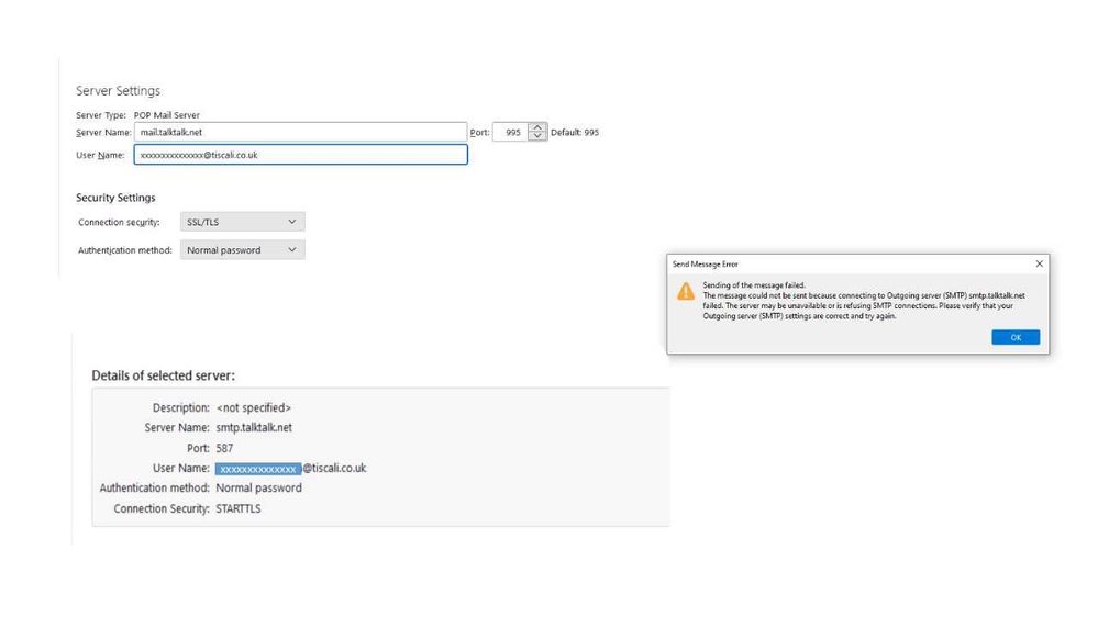 I hope this is what you asked for, the incoming and outgoing server  settings and I have added the error message