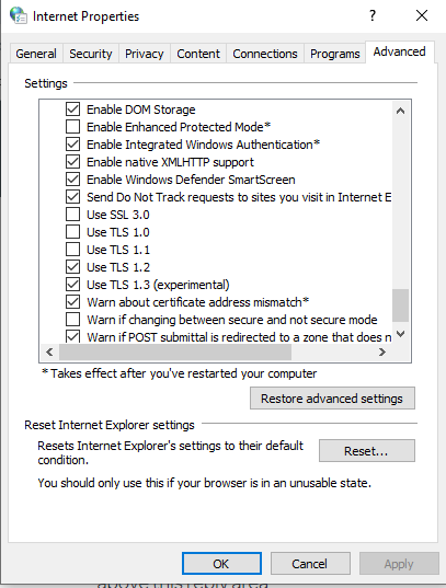 Win 10 Internet Advanced settings