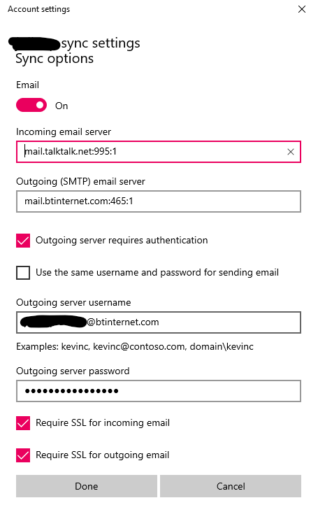 Win 10 Mail App Onetel account settings