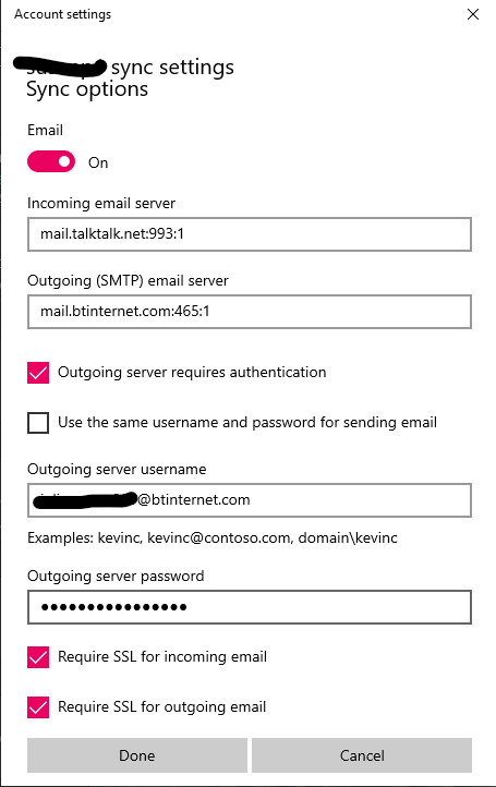 Win 10 Mail App Onetel account settings