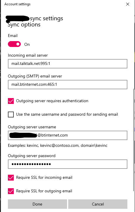 Win 10 Mail App Onetel account settings
