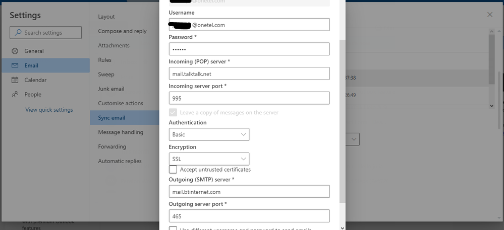 Outlook.com synced Onetel a/c settings