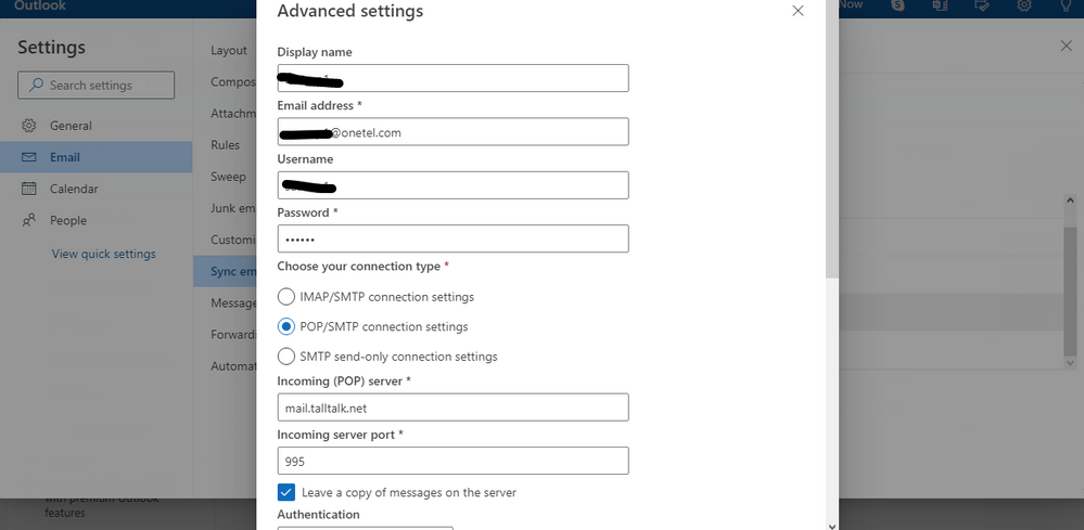 Outlook.com synced Onetel a/c settings