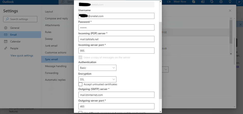 Outlook.com synced Onetel a/c settings