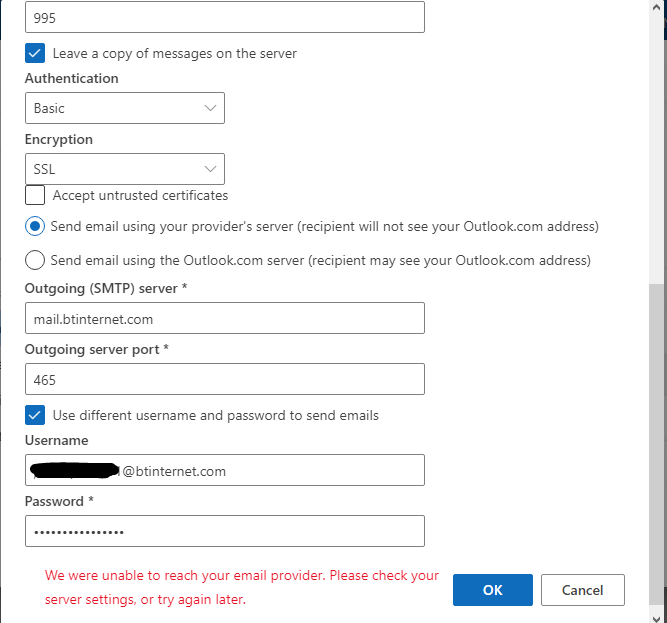 Outlook.com synced Onetel a/c settings error