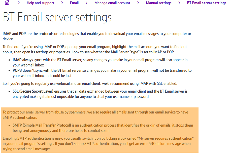 BT Email SMTP authentication settings