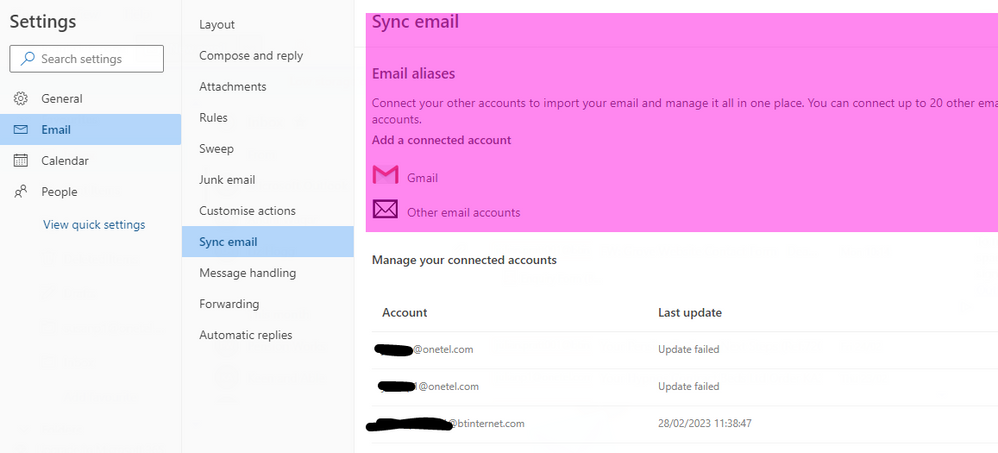 Outlook.com email adding connected accounts