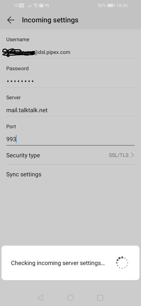 The incoming server settings on my android phone
