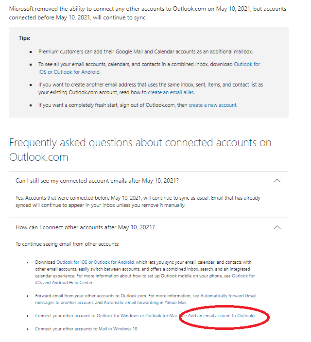 Outlook.com - Connected Accounts from 10th May 2021