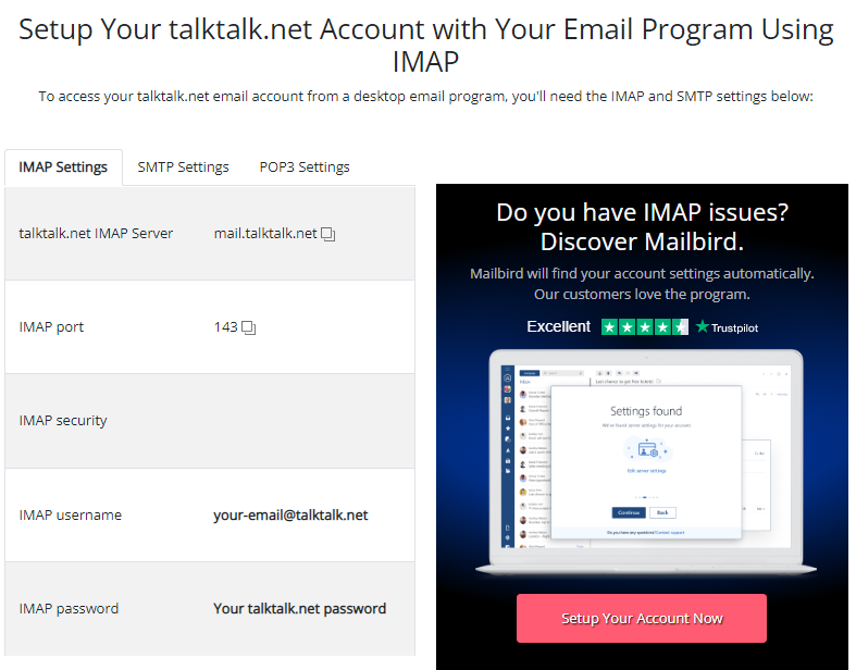 IMAP Settings for TalkTalk (Mailbird)