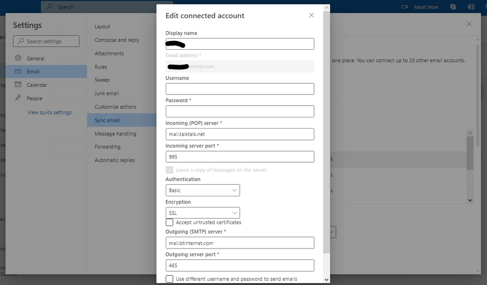 Outlook.com webmail - connected Onetel account secure server settings