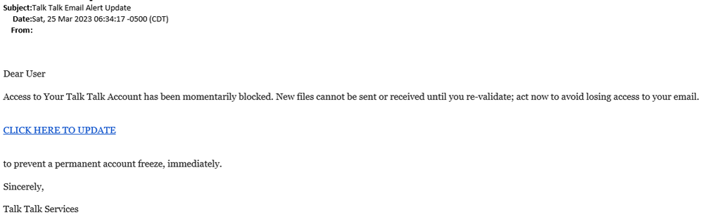 example-of-phishing-email-with-Talk-Talk-Email-Alert-Update!-in-subject