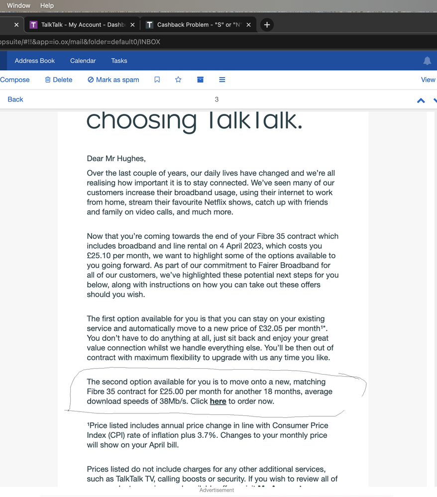 part of email  from Talk talk .. No phone call