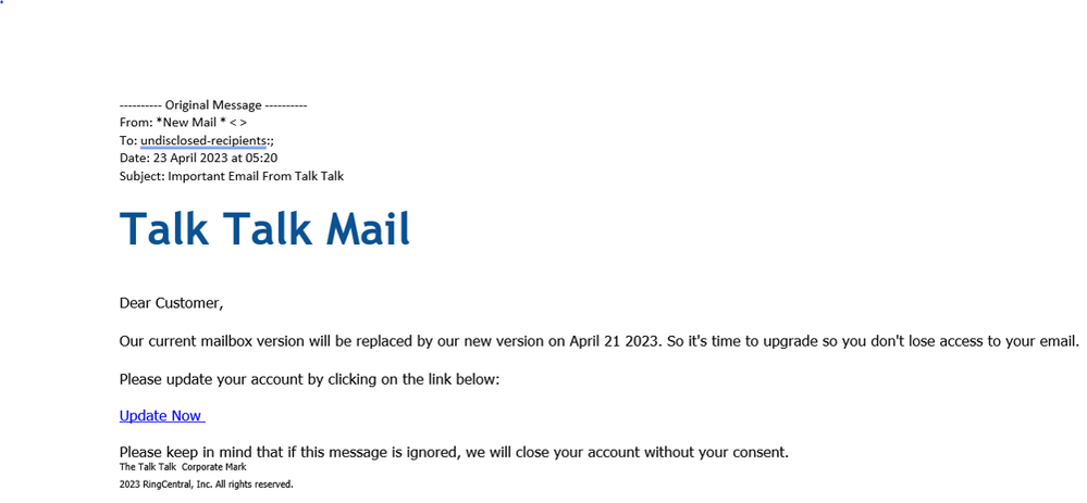 example-of-phishing-email-with-Important-Email-From-Talk-Talk-in-subject