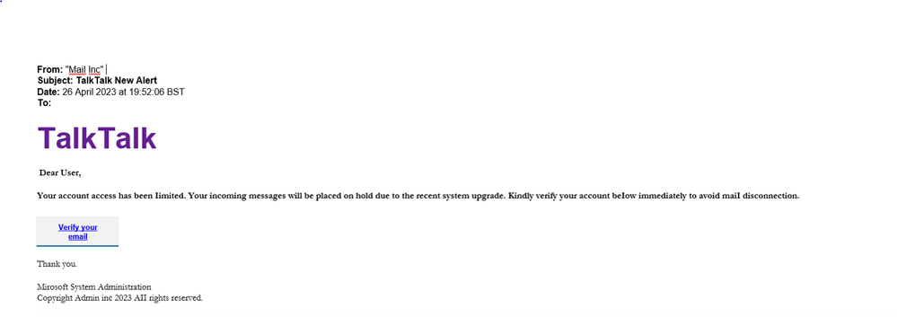 example-of-phishing-email-with-TalkTalk-New-Alert-in-subject