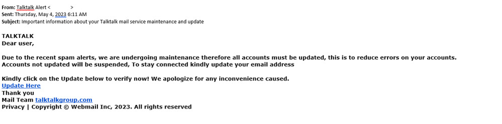 example-of-phishing-email-with-Important-information-about-your-TalkTalk-mail-service-maintenance-and-update-in-subject