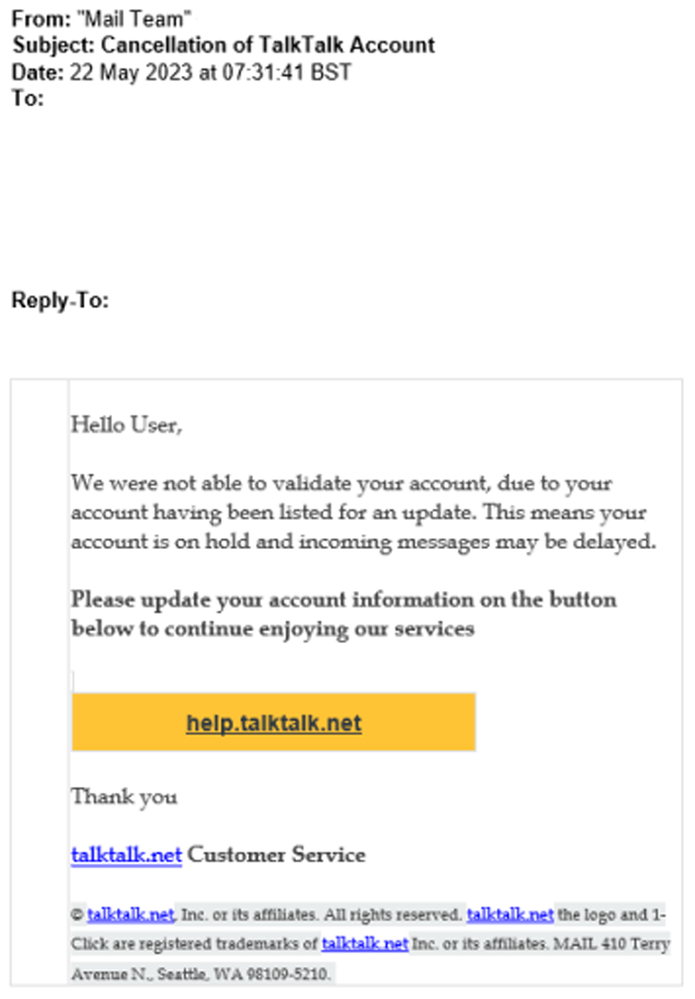 example-of-phishing-email-with-Cancellation-of-TalkTalk-Account-in-subject
