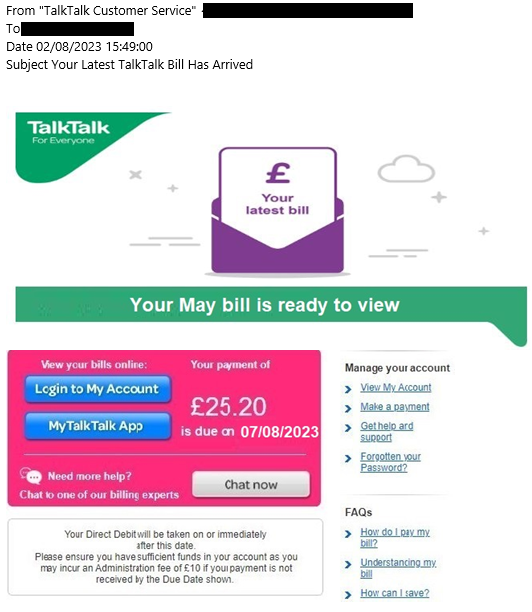 example-of-phishing-email-with-Your-Latest-TalkTalk-Bill-Has Arrived in-subject3rd