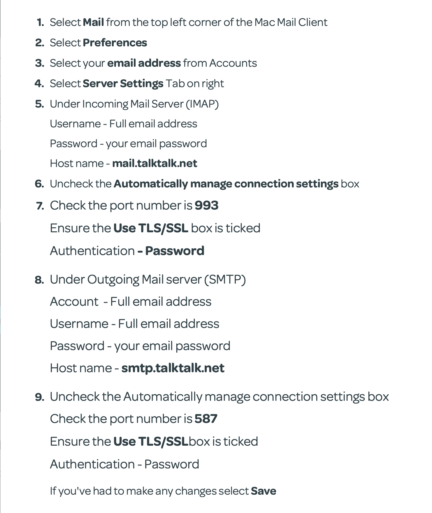 Correct email settings for accounts TalkTalk Help & Support