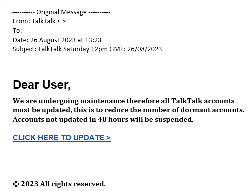 example-of-phishing-email-with-TalkTalk Saturday 12pm GMT 26-08-2023 in-subject