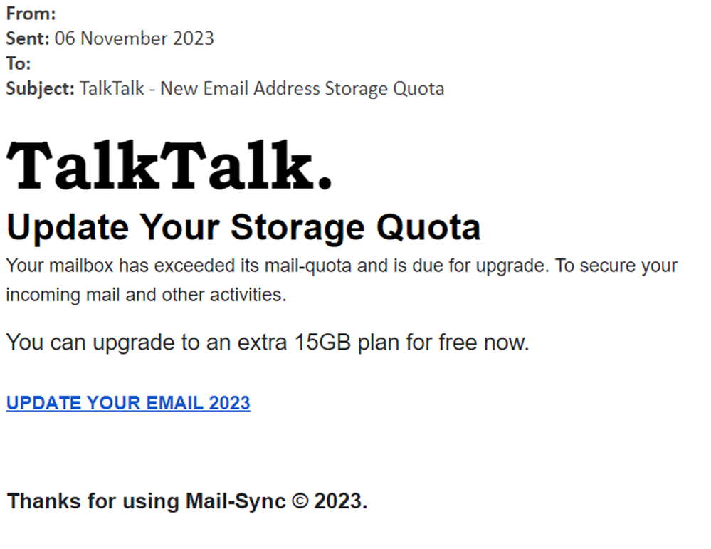 example-of-phishing-email-with-TalkTalk---New-Email-Address-Storage-Quota-in-subject